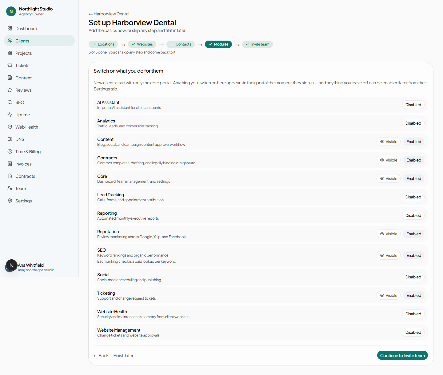 Step four of the client onboarding wizard, with a row per module and Enabled and Visible toggles.