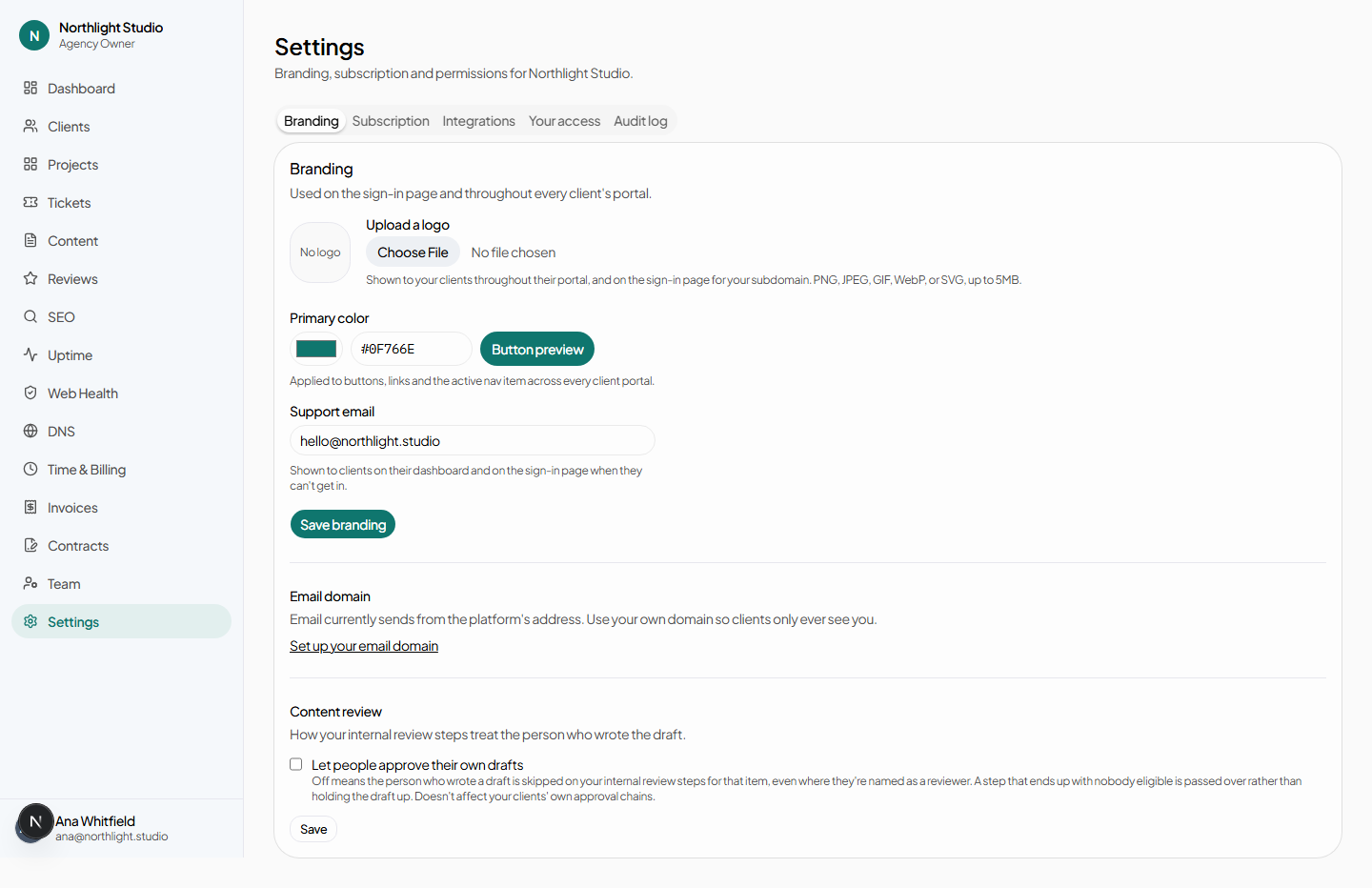 The branding tab in agency settings, with a logo upload, a primary colour picker and a support email field.