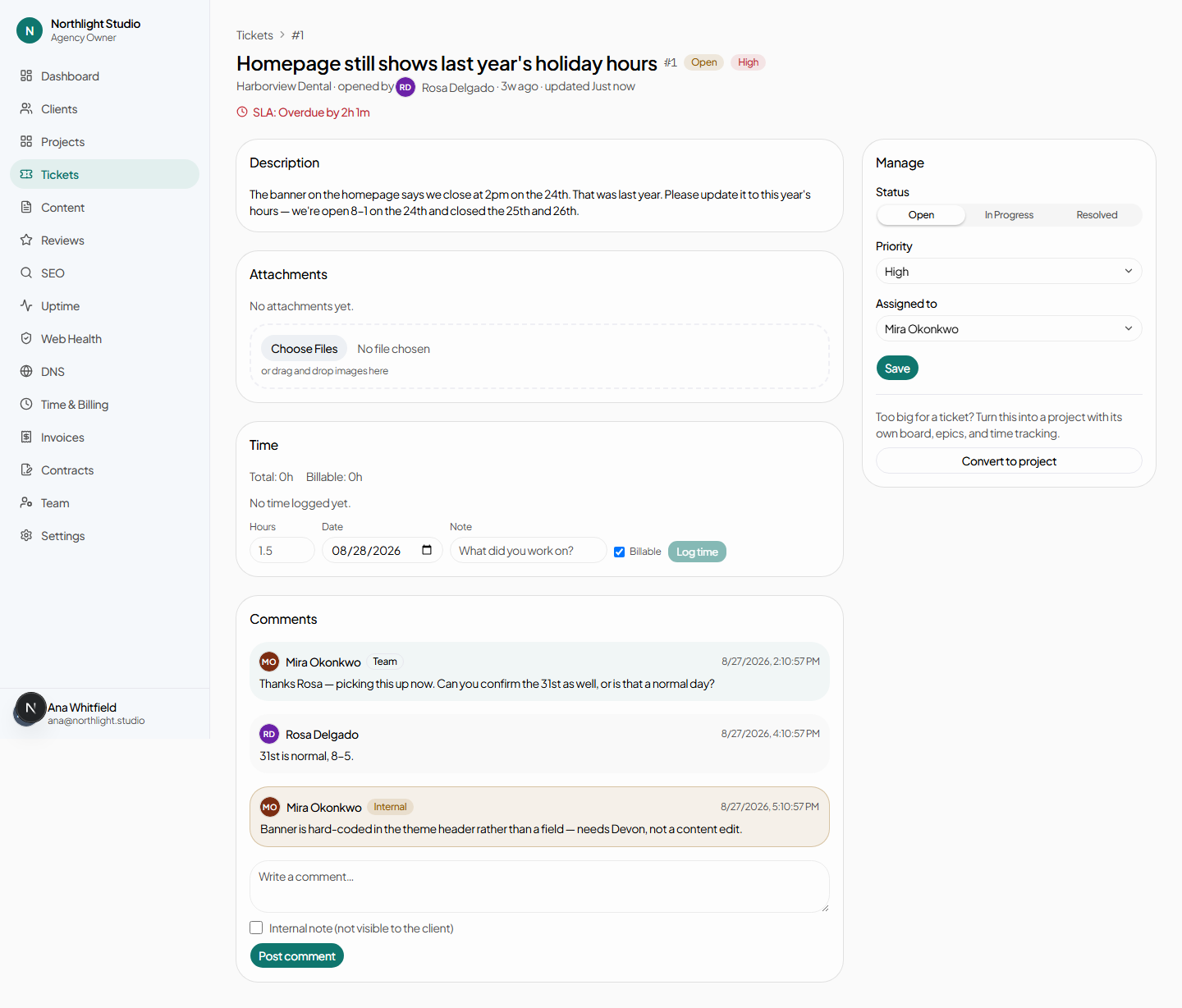 A ticket detail page with its description, an SLA countdown, the comment thread, an internal-note toggle, and a manage panel for status, priority and assignment.
