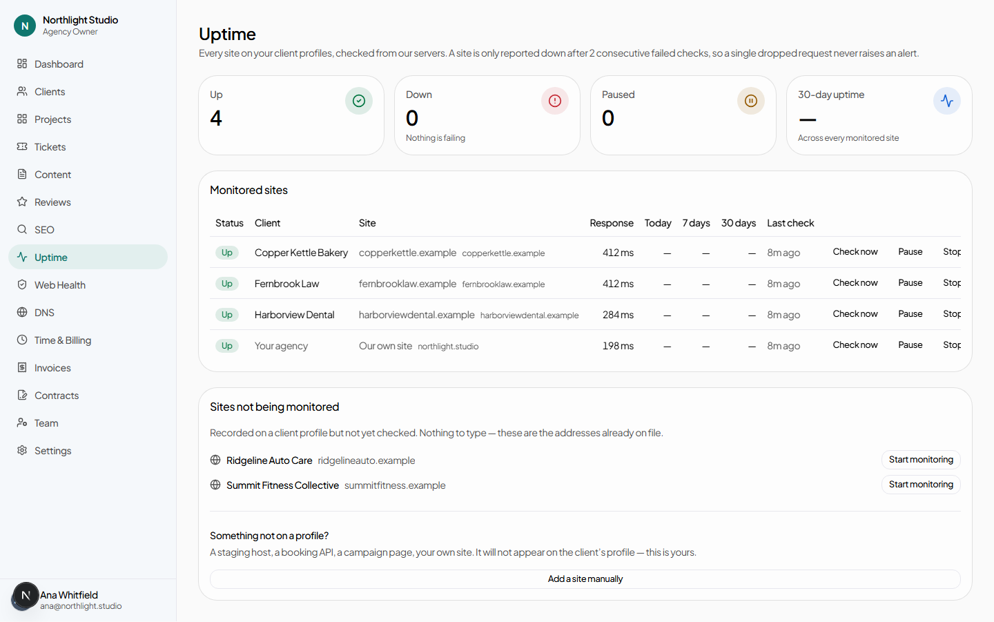 The uptime page listing monitors by client, each with a state badge, response time and controls to check now, pause or stop.