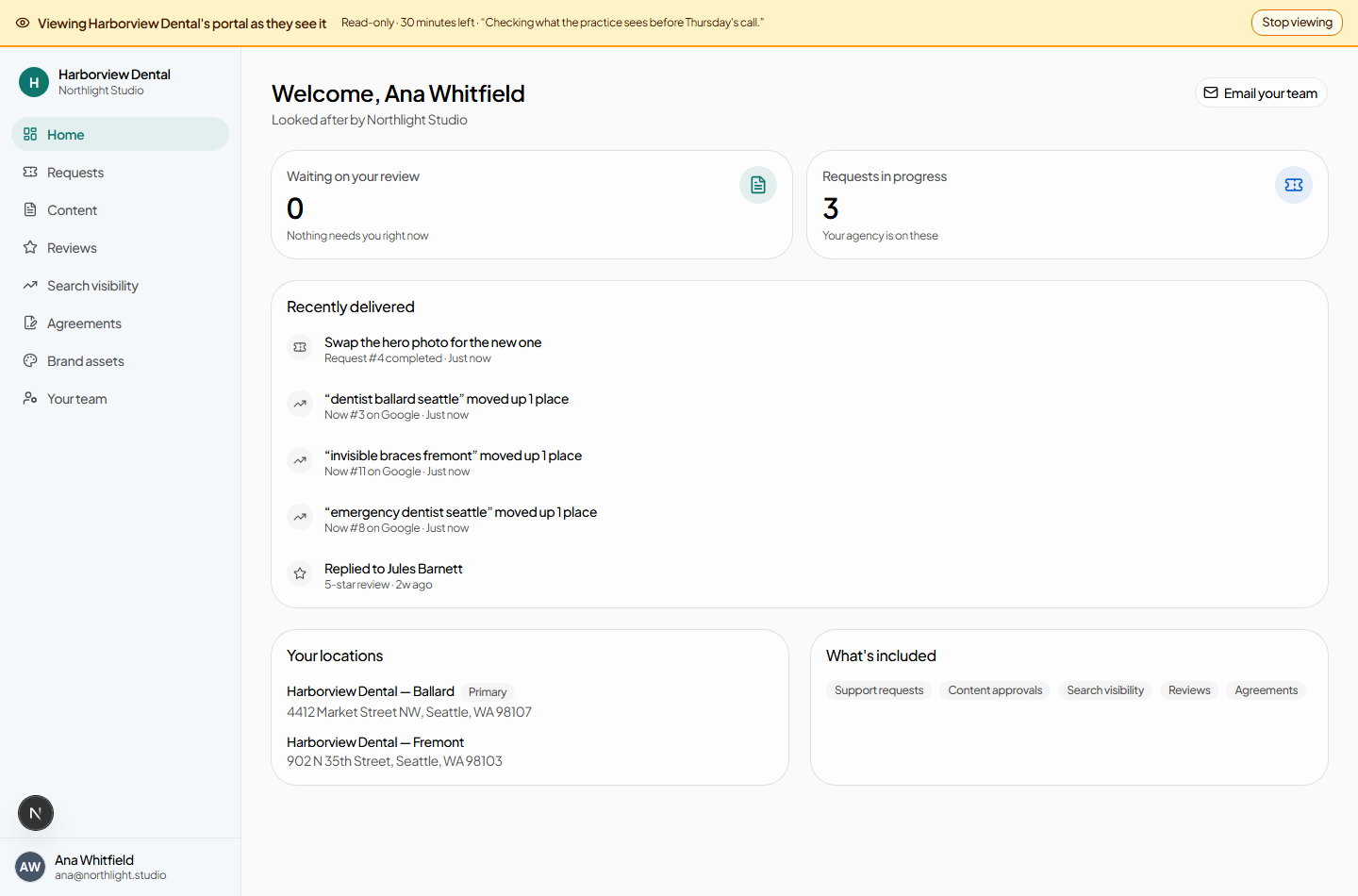 A client portal seen through view-as, with an amber banner across the top reading that an agency administrator is viewing this account read-only.